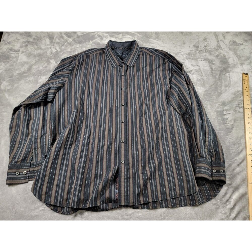 Tommy Bahama Shirt 2XL Horizontal Stripes Black‎ Floral Embroidered Long Sleeve